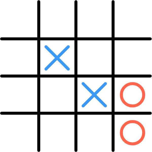 In this example, Xavier begins by placing 2 Xs along a diagonal.  Then, Olivia plays two Os along the right column.