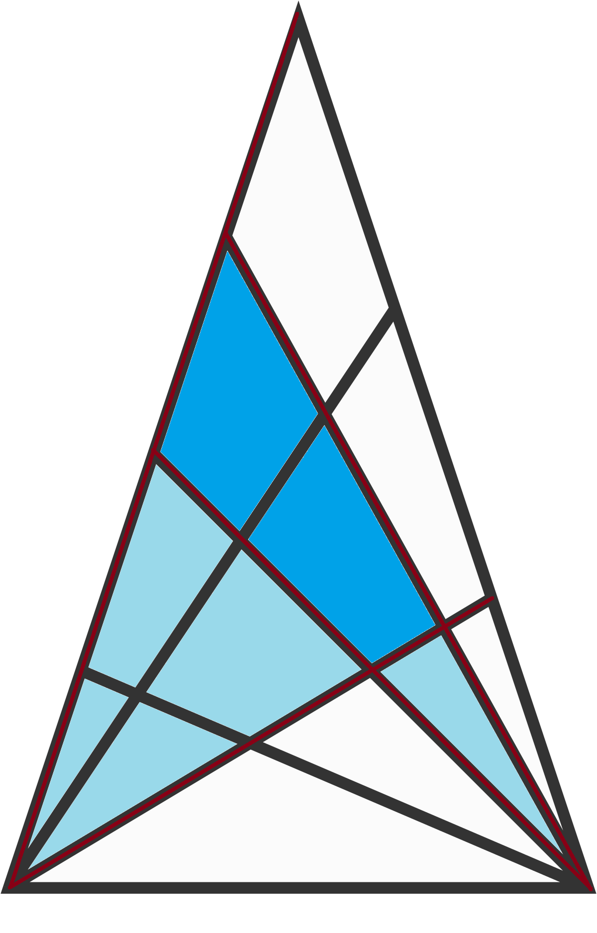 Convex quadrilateral defined by given lines is colored in blue, while extension to concave quadrilateral is colored in light blue