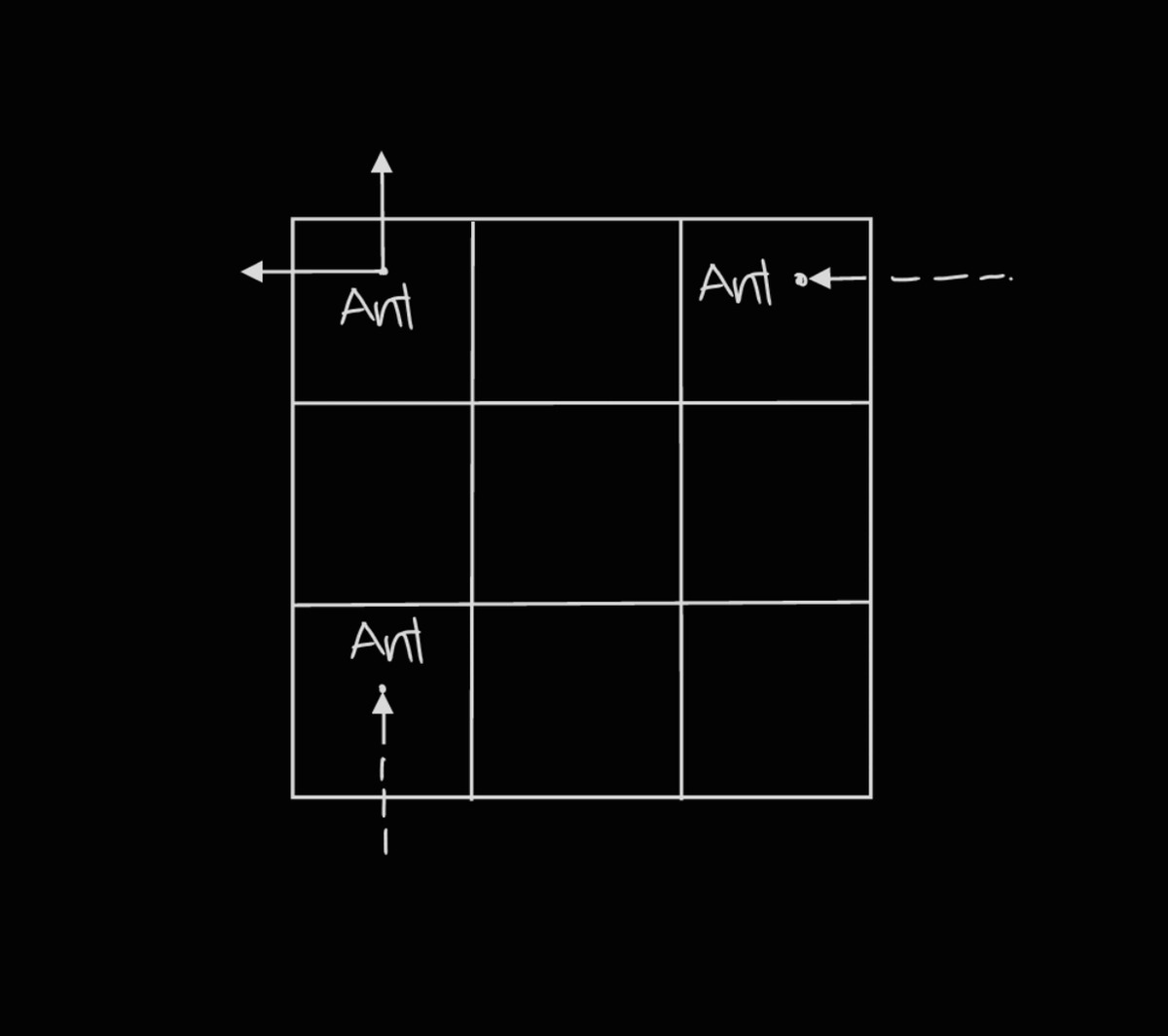 In the above image you can see that if ants moves up it warps to the bottom row, similarly if ant moves left it warps to rightmost column.