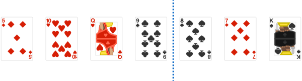 There is 1 \(\color{black}{\text{black}}\) card in the left part and 1 \(\color{red}{\text{red}}\) card in the right part