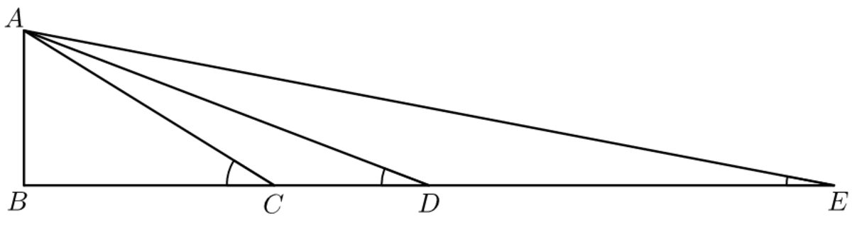 Here, \(|\overline{AB}| = 1\), \(|\overline{BC}| = x\), \(|\overline{BD}| = x + 1\) and \(|\overline{BE}| = 2\left( x + 1\right)\)