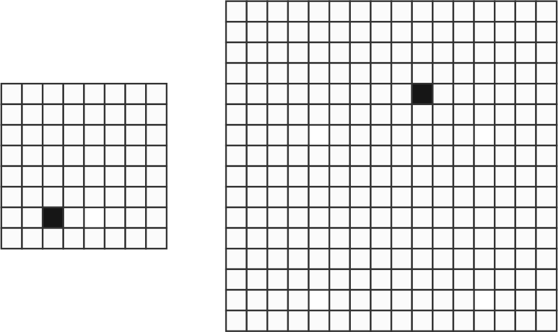 The grid can have side length 8, 16, 32, or any power of 2.  One square is blacked out in each grid.